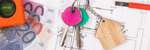 House keys, currencies euro, electrical construction diagrams or blueprint and work tools using for engineering jobs. Building or buying home. Technology